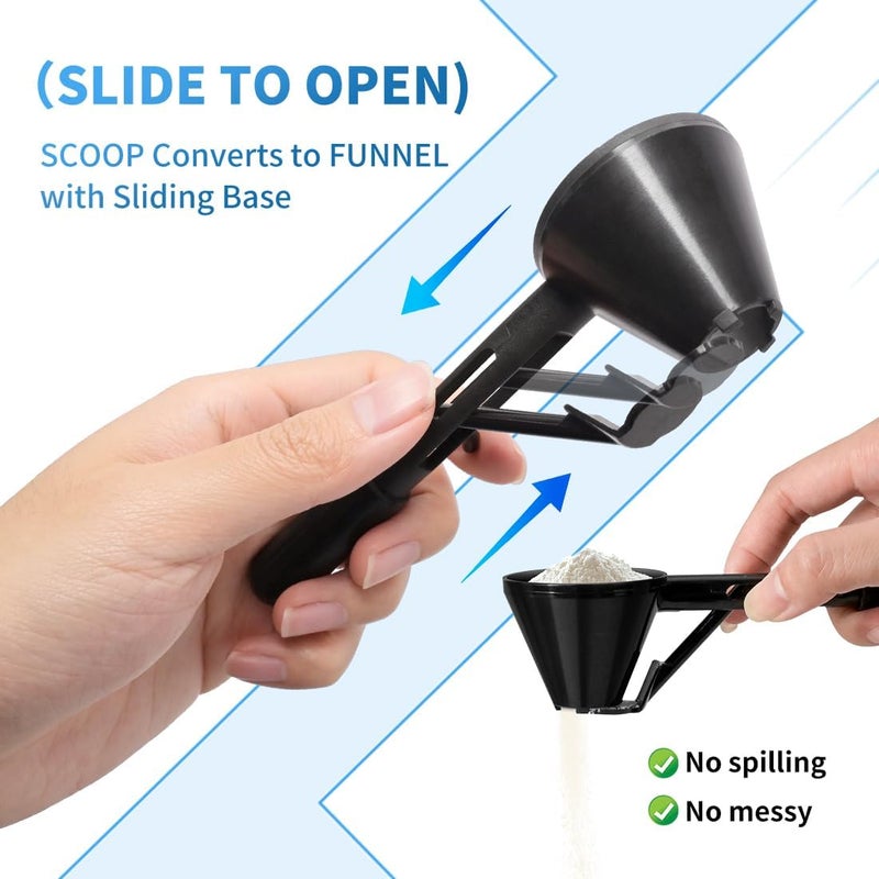 CAFEMASY Water Bottle Funnel Pre Workout Scoop for Protein Powder 2 Pack Slide Bottom Measuring Scoop with Funnel for Coffee Grounds and Powder - Image 2